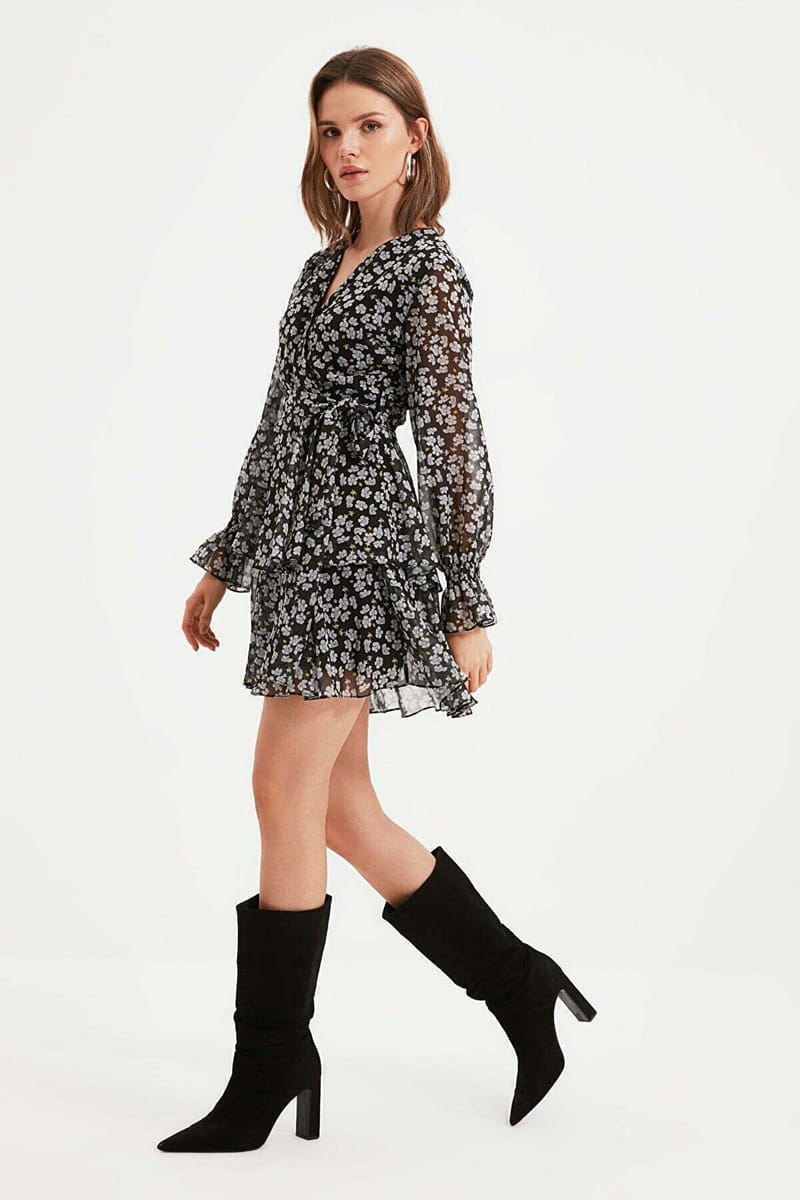 Black Floral Print Ruffle Long Sleeve Detail Women's Dress Black Floral Print Ruffle Long Sleeve Detail Women's Dress - Mini Dresses 19