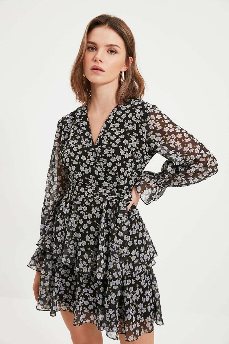 Black Floral Print Ruffle Long Sleeve Detail Women's Dress Black Floral Print Ruffle Long Sleeve Detail Women's Dress - Mini Dresses 20