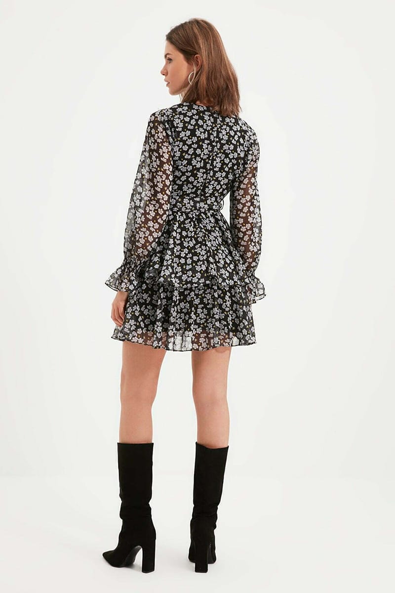 Black Floral Print Ruffle Long Sleeve Detail Women's Dress Black Floral Print Ruffle Long Sleeve Detail Women's Dress - Mini Dresses 23