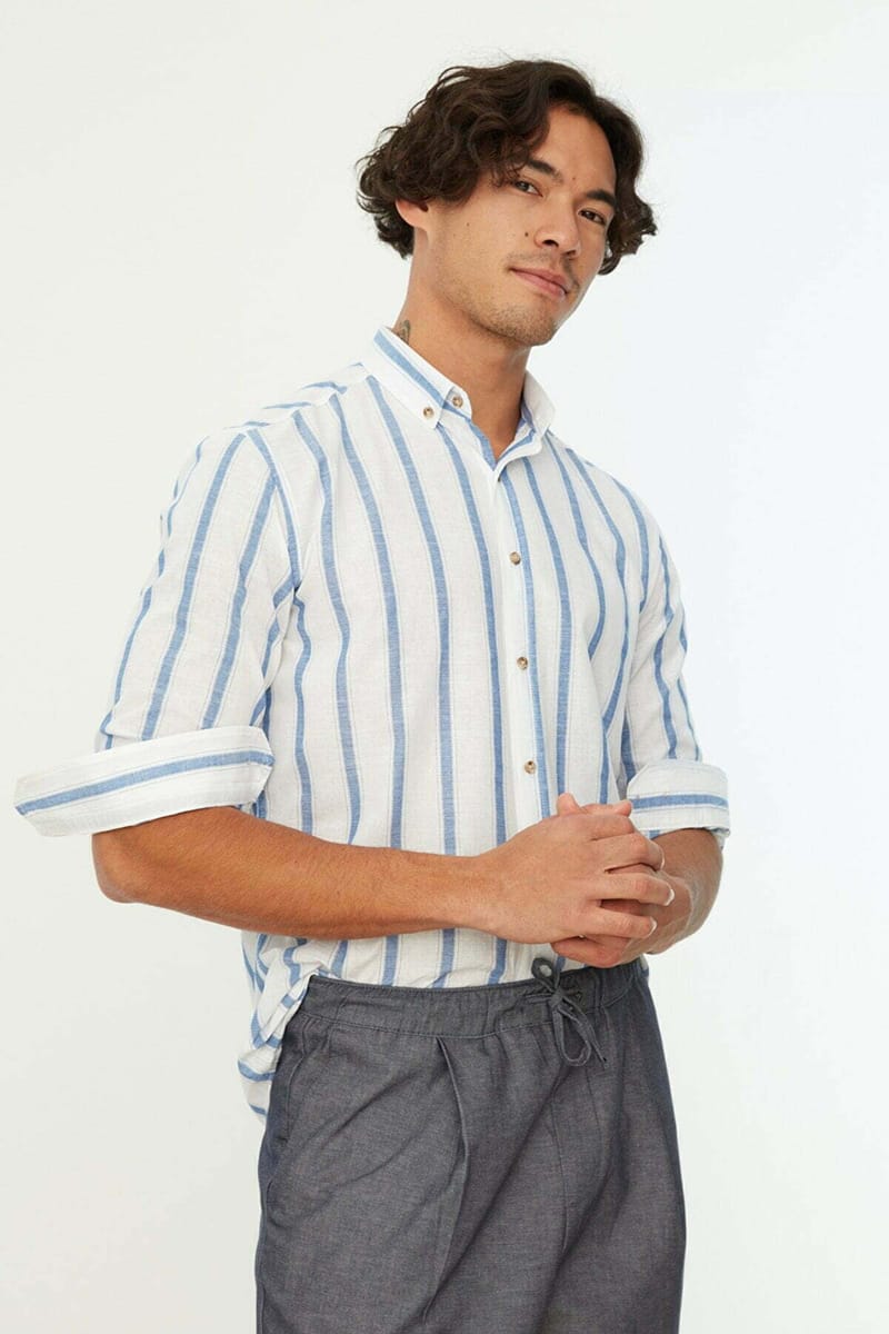 Blue Striped Slim Fit Men's Shirt - Long Sleeves Shirts 29