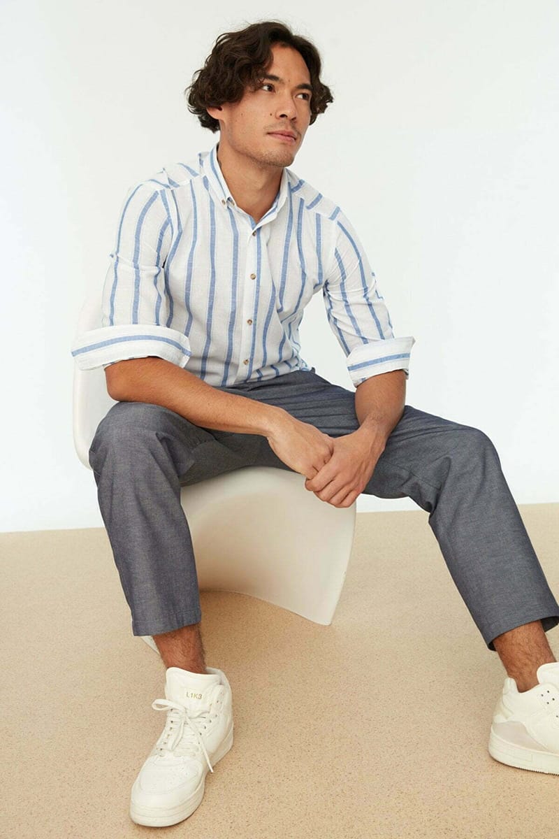 Blue Striped Slim Fit Men's Shirt - Long Sleeves Shirts 30