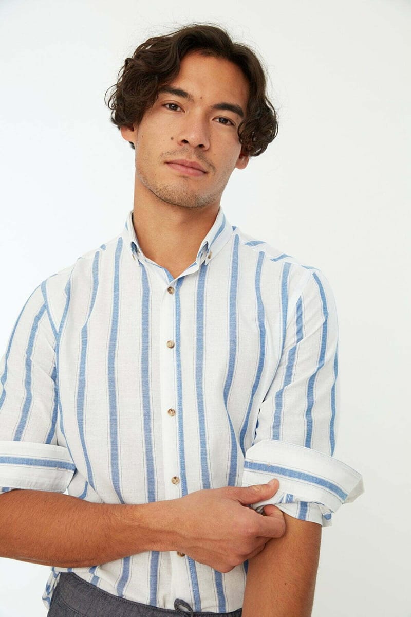 Blue Striped Slim Fit Men's Shirt - Long Sleeves Shirts 32