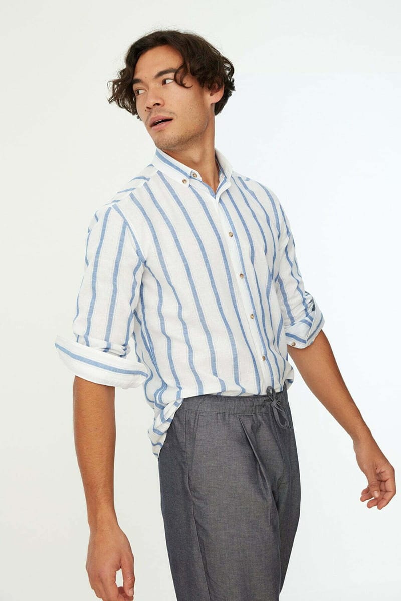 Blue Striped Slim Fit Men's Shirt - Long Sleeves Shirts 33