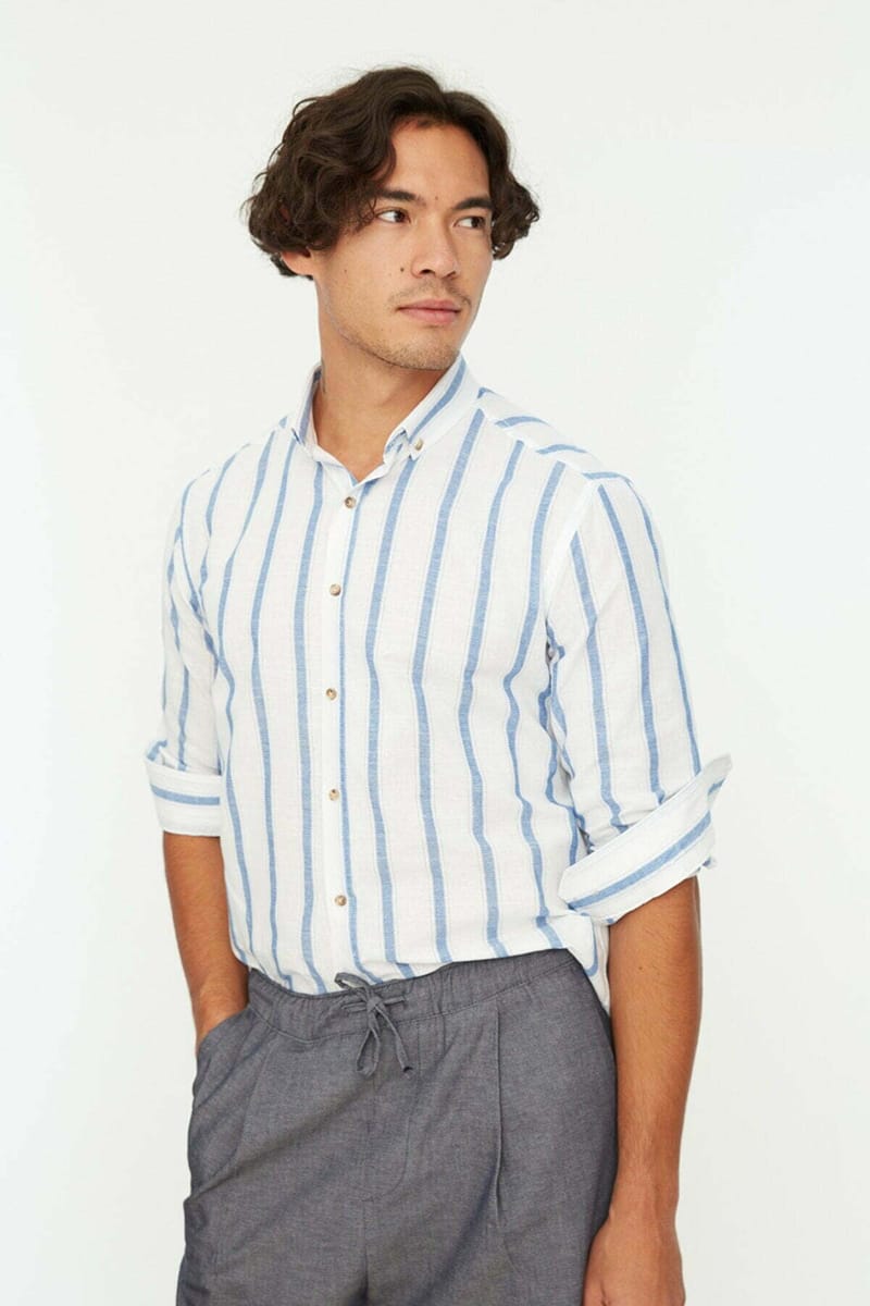 Blue Striped Slim Fit Men's Shirt - Long Sleeves Shirts 28