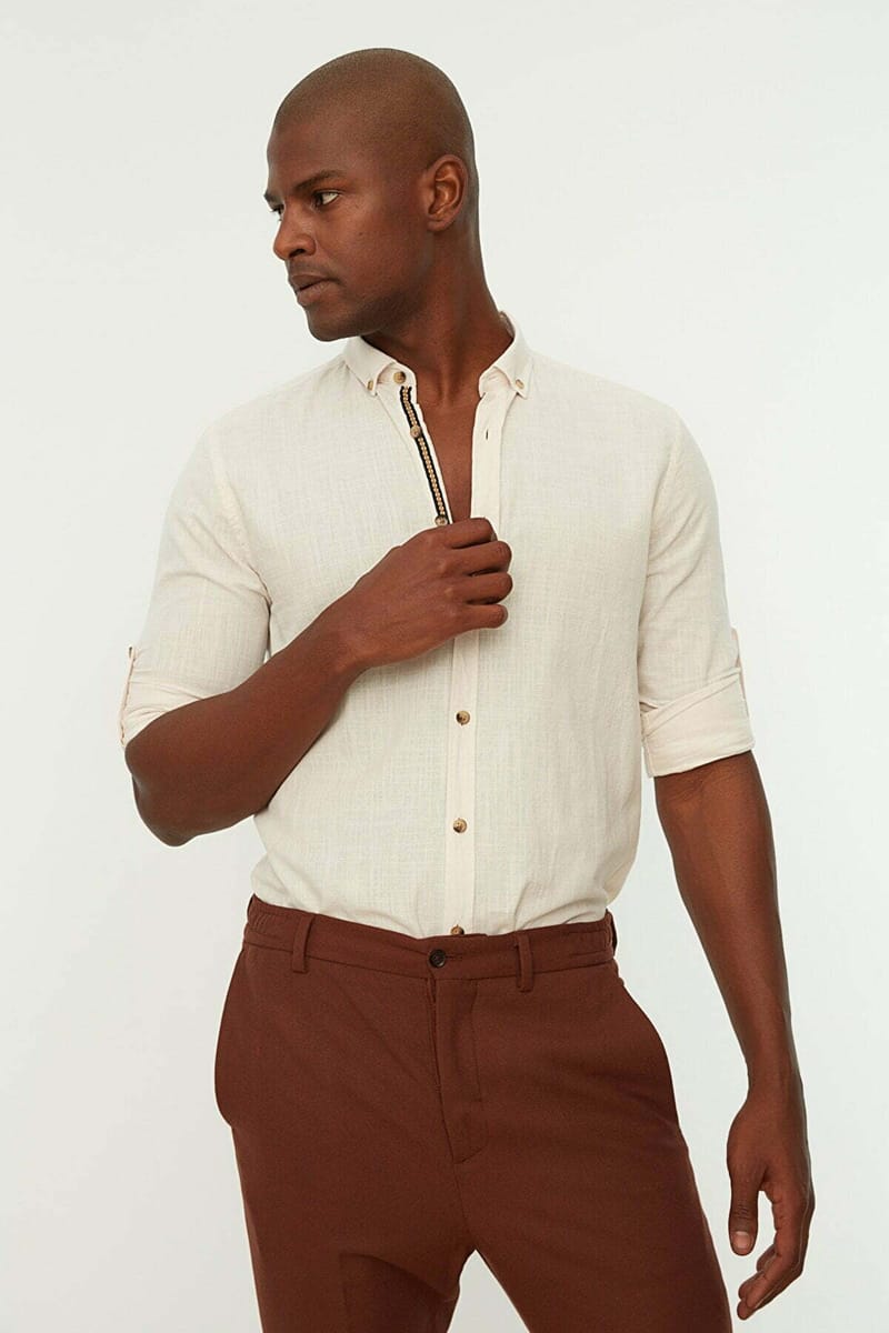 Off-White Essential Slim Fit Button-Tab Sleeve Men's Shirt - Long Sleeves Shirts 20