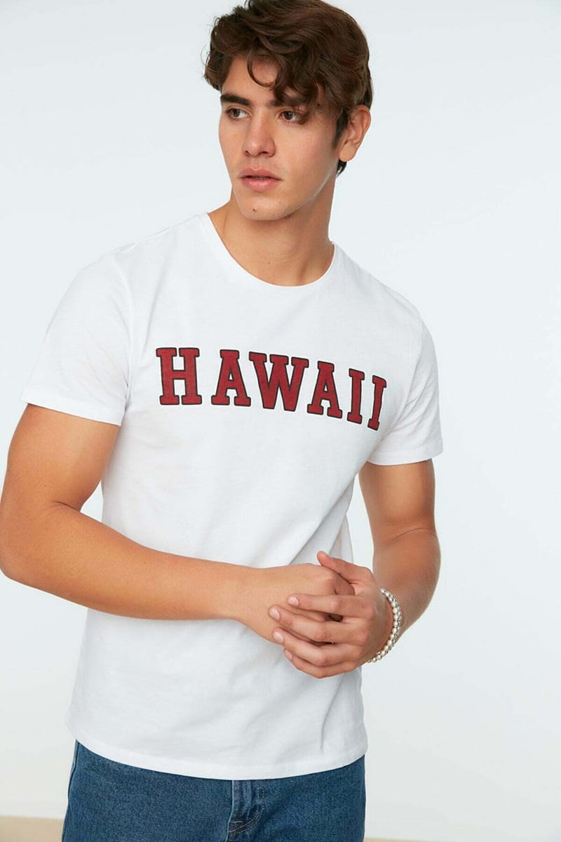 Hawaii White Crew Neck Men's T-Shirt Trendyol - Men's Short Sleeve T-Shirt 16