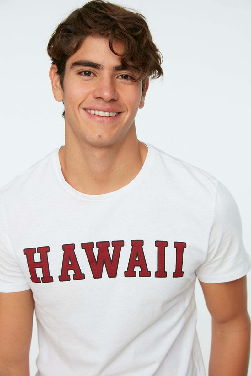 Hawaii White Crew Neck Men's T-Shirt Trendyol - Men's Short Sleeve T-Shirt 17
