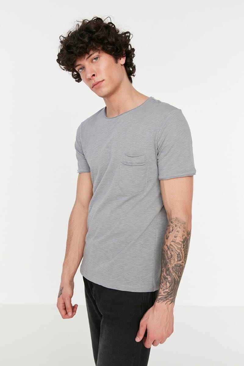 Grey Double Pocket Detail Crew Neck Men's T-Shirt - Short Sleeve T-Shirt 21