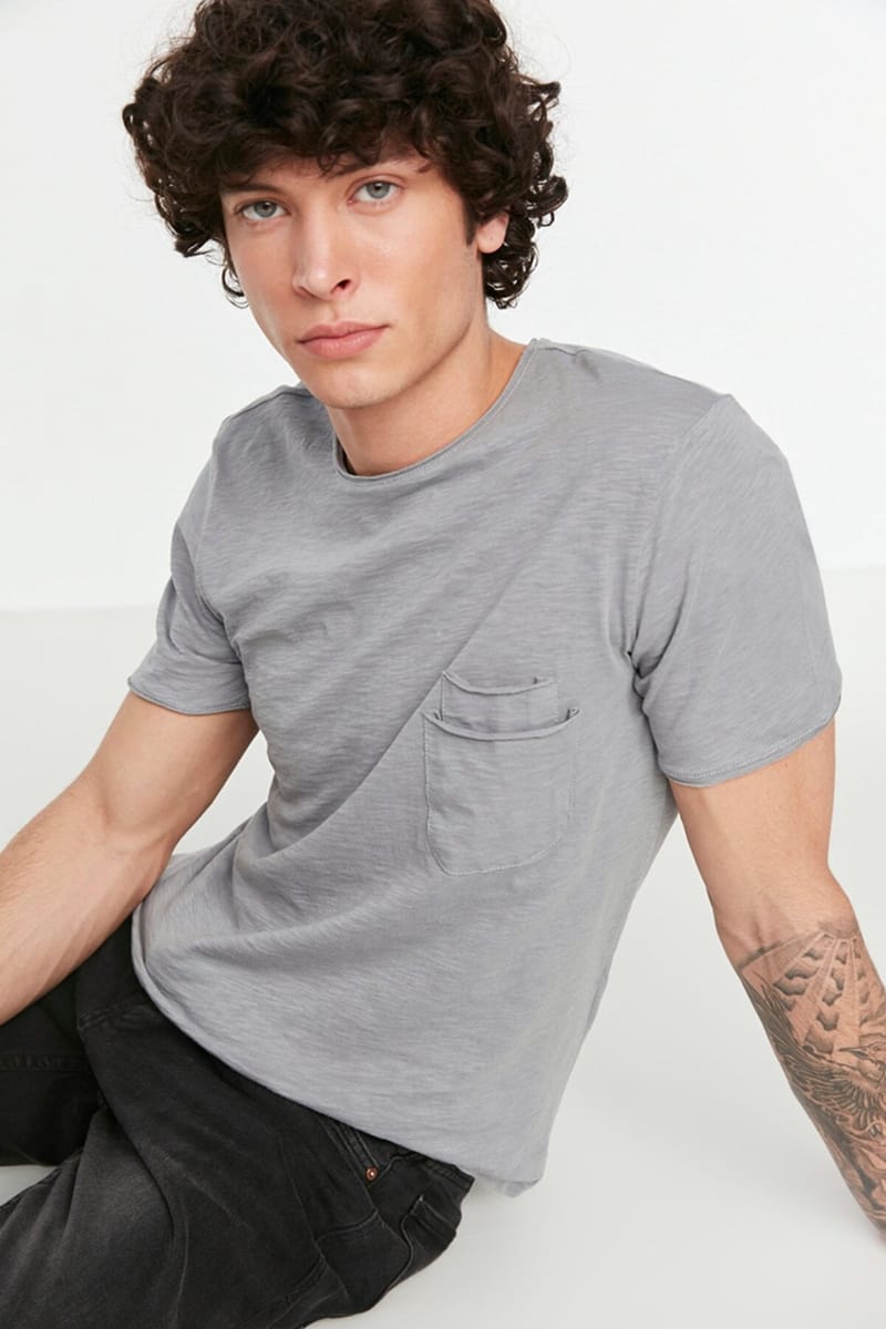 Grey Double Pocket Detail Crew Neck Men's T-Shirt - Short Sleeve T-Shirt 23