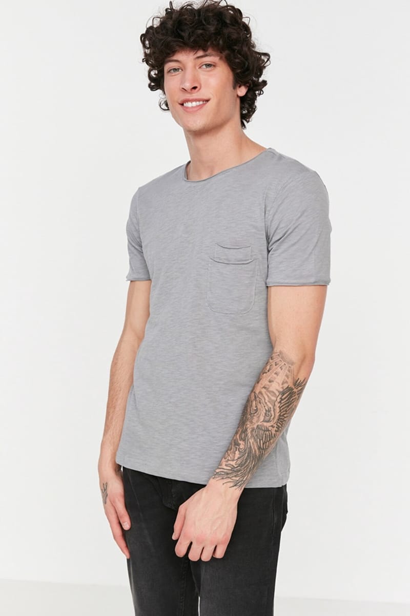 Grey Double Pocket Detail Crew Neck Men's T-Shirt - Short Sleeve T-Shirt 20