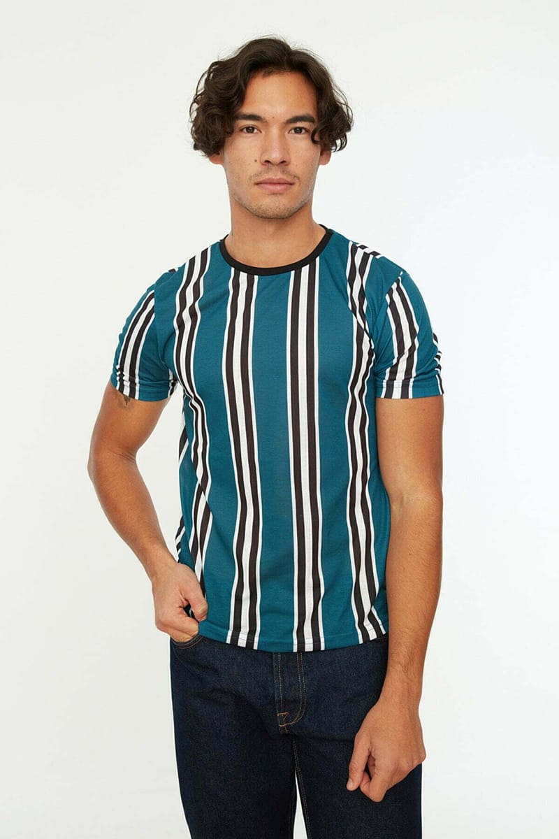Green Vertical Striped Crew Neck Men's T-Shirt - Short Sleeve T-Shirt 21
