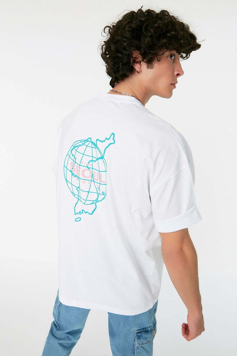 Seoul Focused Back Print Crew Neck White Men's T-Shirts - Short Sleeve T-Shirt 21