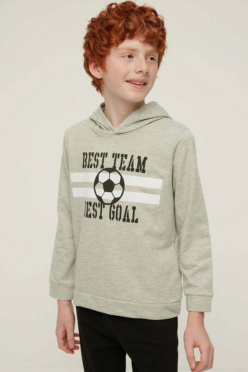 Grey Printed Hoodie Boy Knitted Slim Sweatshirt - Sweatshirts 61