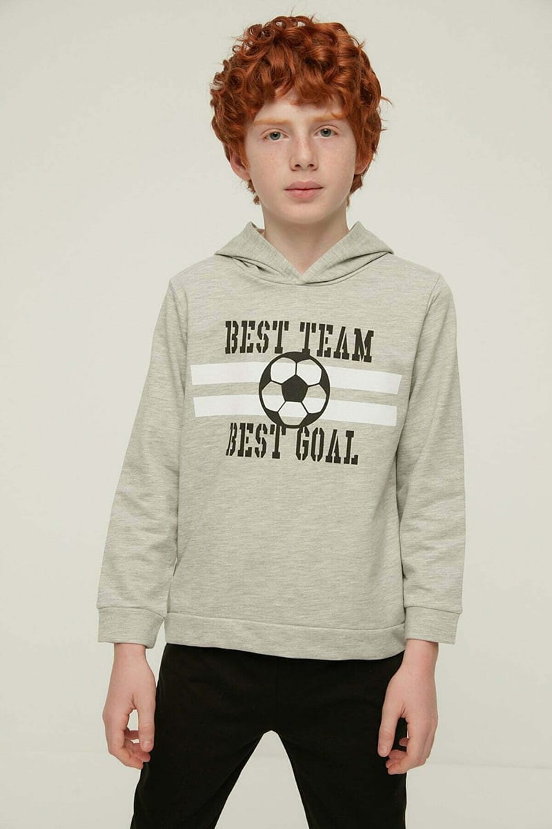 Grey Printed Hoodie Boy Knitted Slim Sweatshirt - Sweatshirts 63