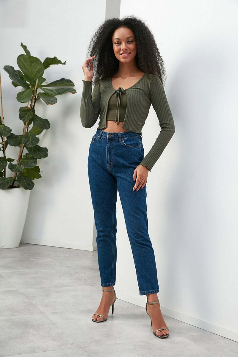 Army Green Tie Detail Knitted Long Sleeve Women's Crop Top - Cropped Tops 17