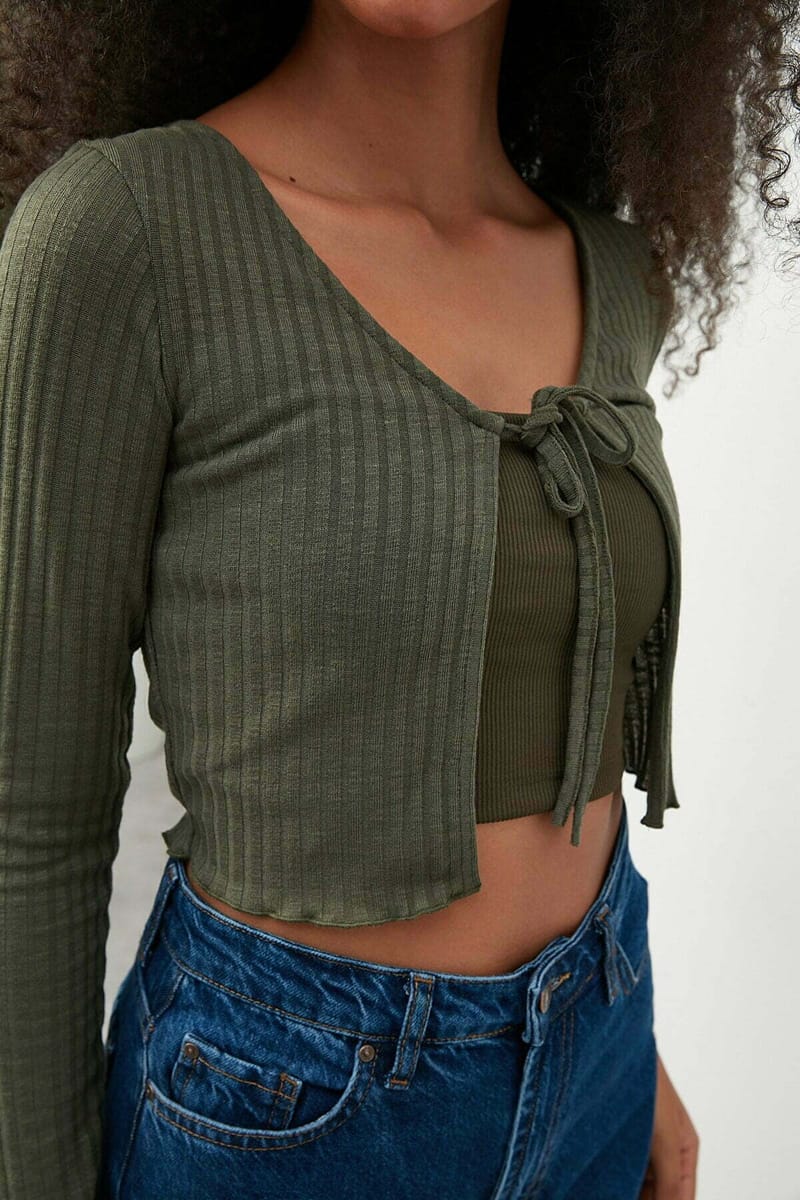 Army Green Tie Detail Knitted Long Sleeve Women's Crop Top - Cropped Tops 19