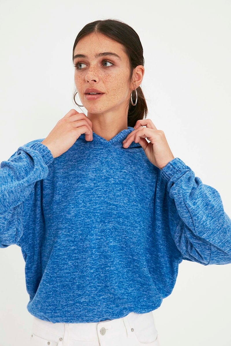 Blue Crew Neck Hoodies Knitted Women's Sweatshirt - Sweatshirts 22