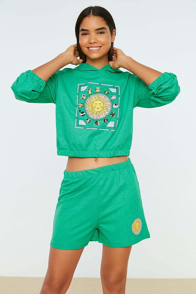 Green Fron Print Knitted Hoodie And Shorts Women's Set - Co-ord Sets 21