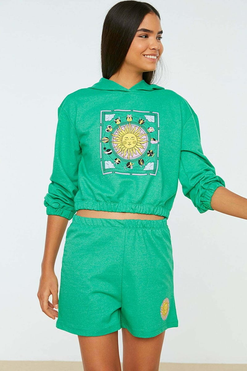 Green Fron Print Knitted Hoodie And Shorts Women's Set - Co-ord Sets 20