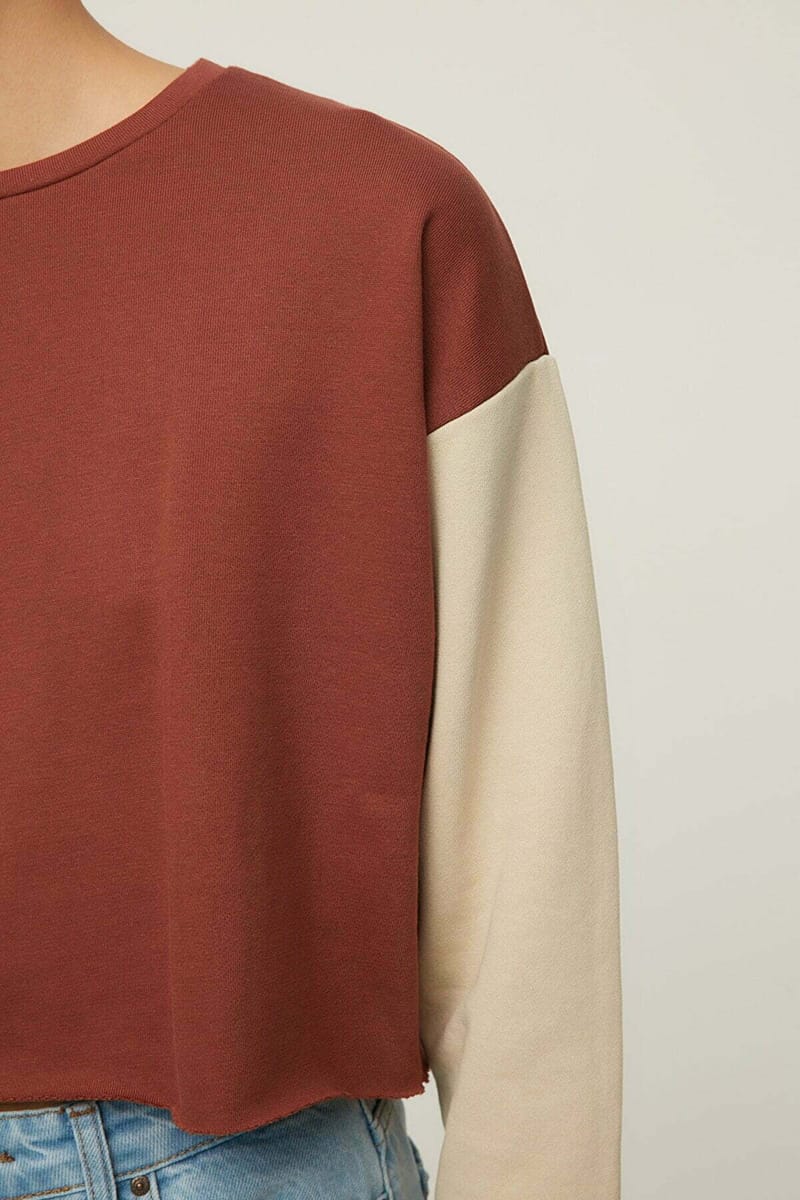 Brown Crew Neck Knitted Long Sleeve Women's Sweatshirt - Sweatshirts 22