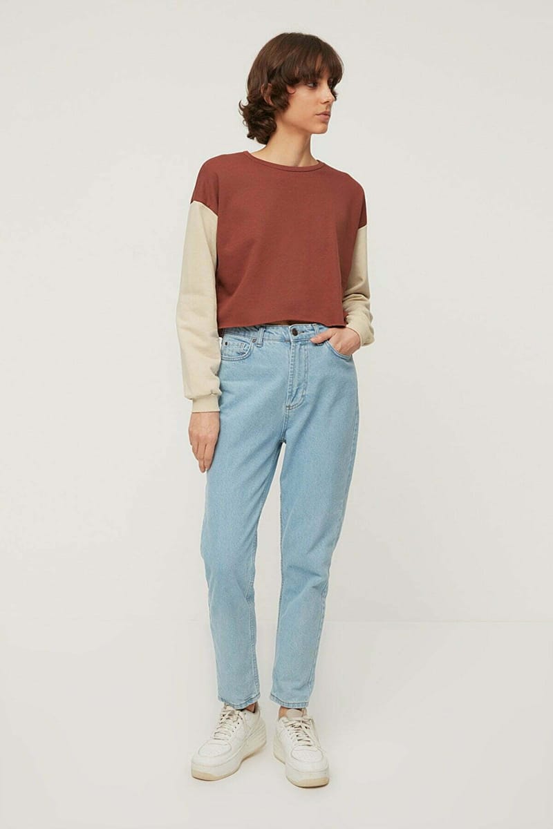 Brown Crew Neck Knitted Long Sleeve Women's Sweatshirt - Sweatshirts 23