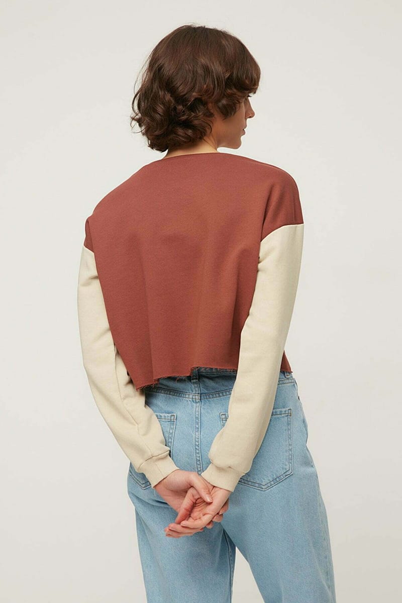 Brown Crew Neck Knitted Long Sleeve Women's Sweatshirt - Sweatshirts 24