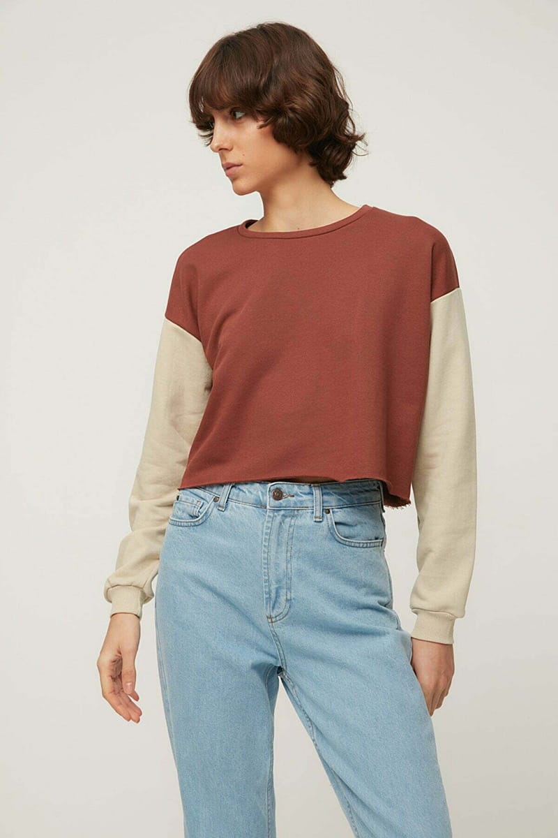 Brown Crew Neck Knitted Long Sleeve Women's Sweatshirt - Sweatshirts 20