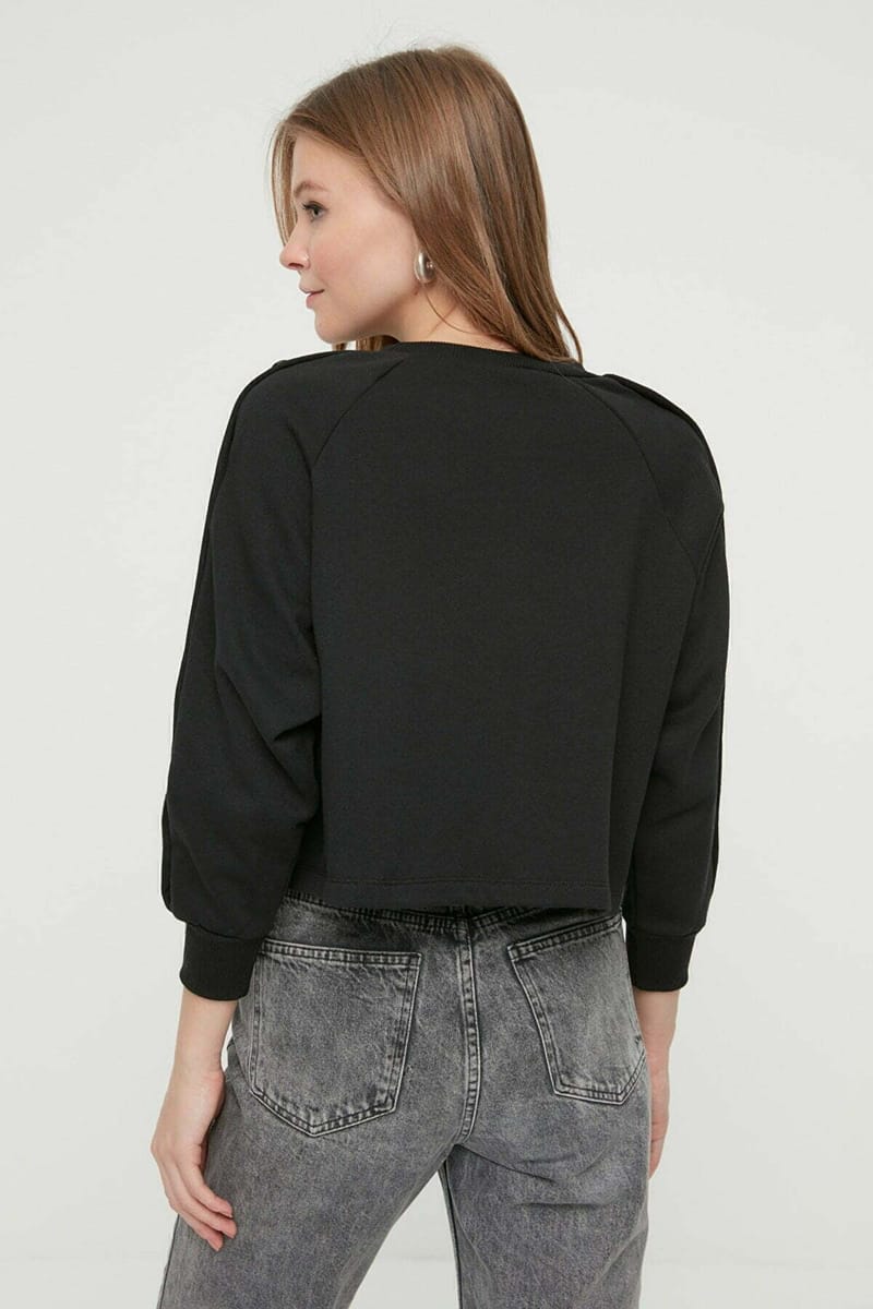 Black Crew Neck Buttoned Sleeves Printed Women's Sweatshirt - Sweatshirts 23