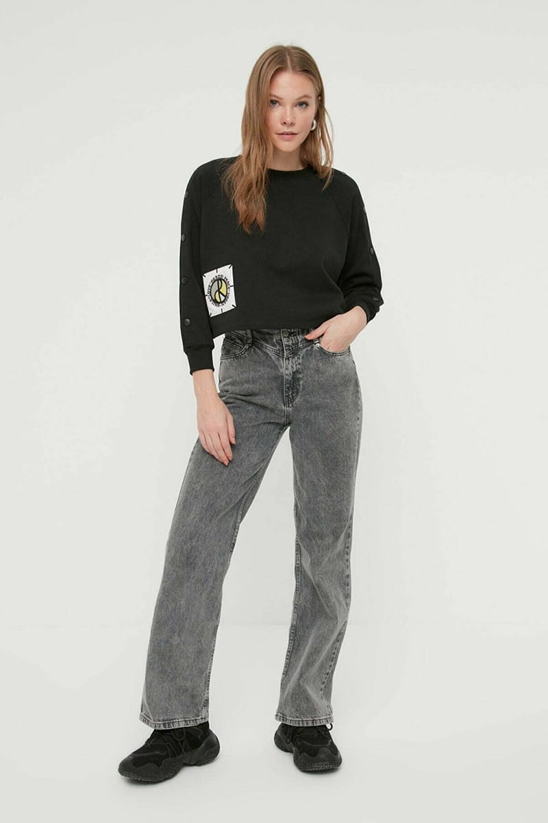 Black Crew Neck Buttoned Sleeves Printed Women's Sweatshirt - Sweatshirts 24