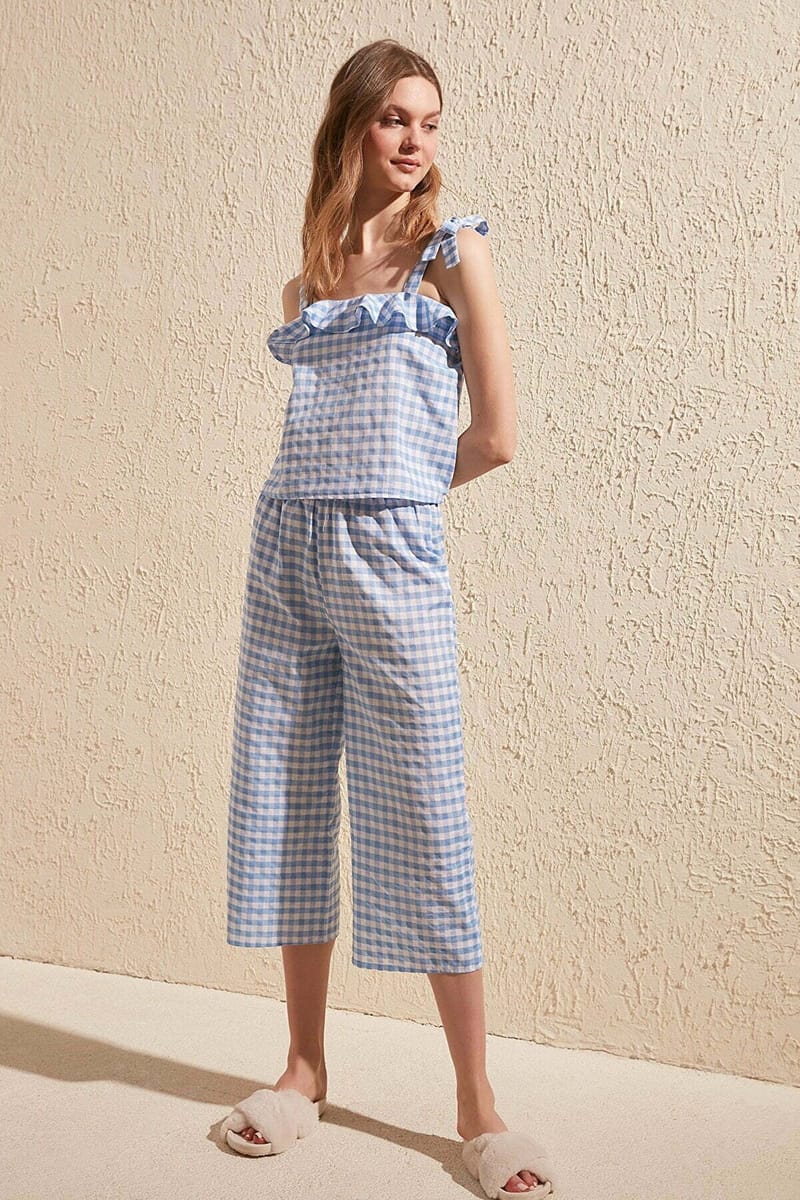 Blue Square Neck Lace Detail Top & Pyjama Women's Set - Co-ord Sets 22