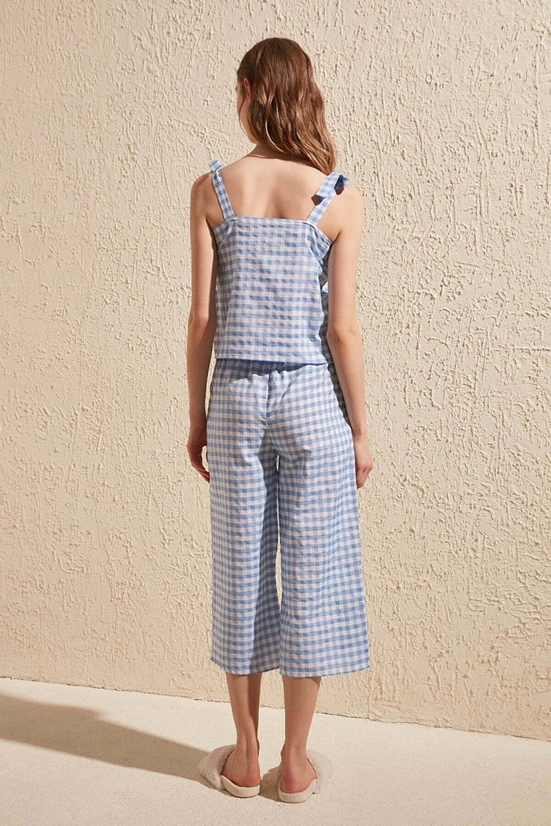Blue Square Neck Lace Detail Top & Pyjama Women's Set - Co-ord Sets 24