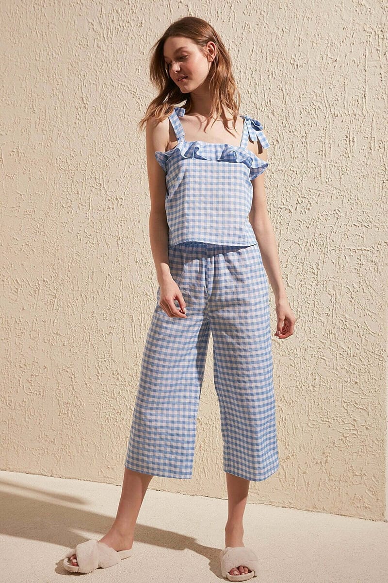 Blue Square Neck Lace Detail Top & Pyjama Women's Set - Co-ord Sets 20
