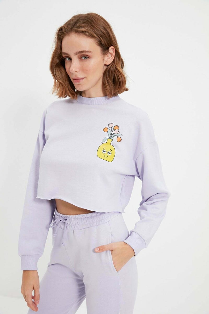 Cropped Crew Neck Front Print Graphic Women's Sweatshirt - Sweatshirts 51