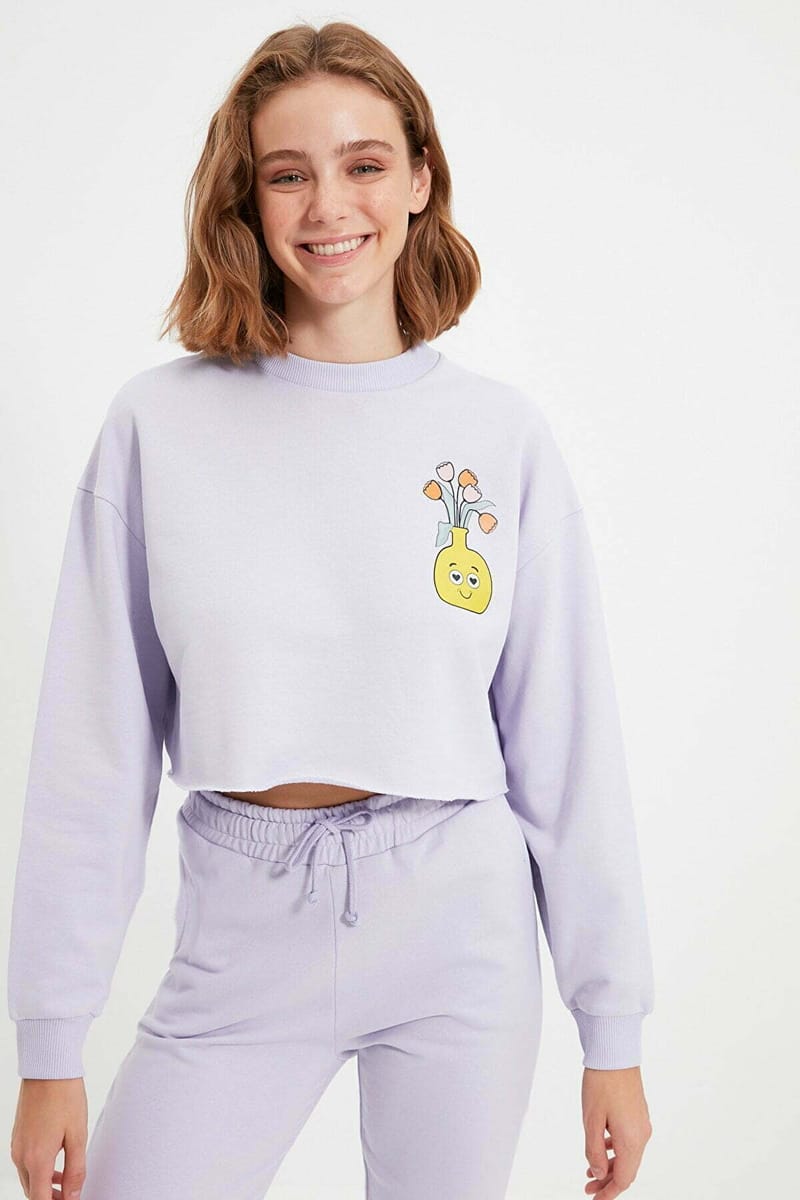 Cropped Crew Neck Front Print Graphic Women's Sweatshirt - Sweatshirts 52