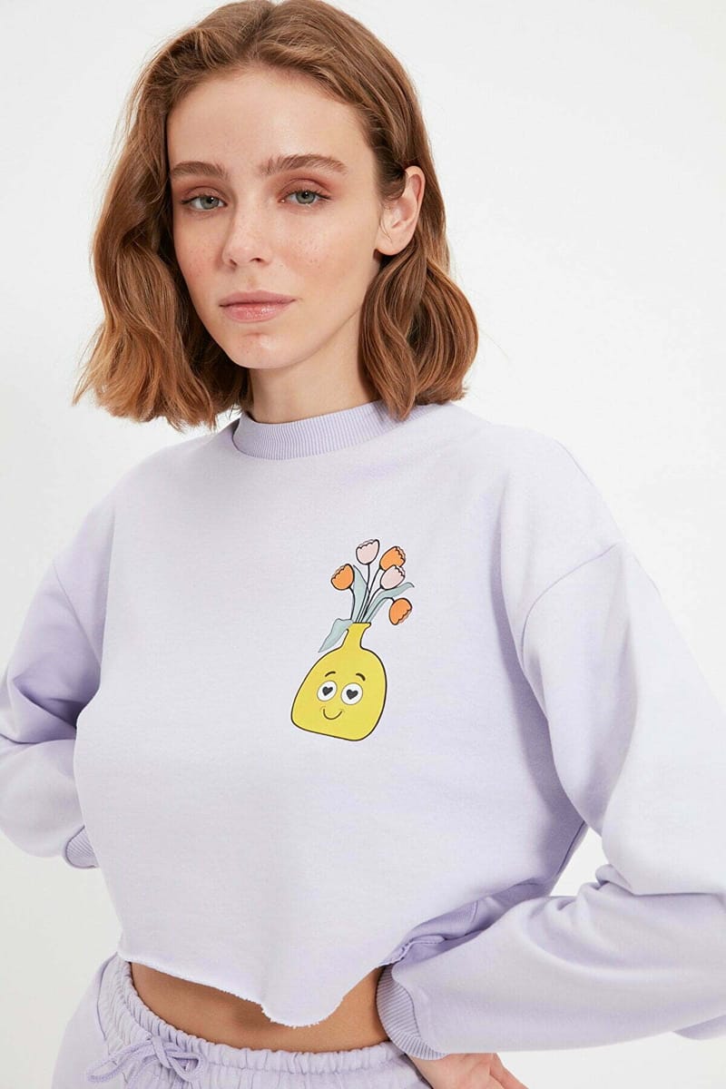 Cropped Crew Neck Front Print Graphic Women's Sweatshirt - Sweatshirts 54