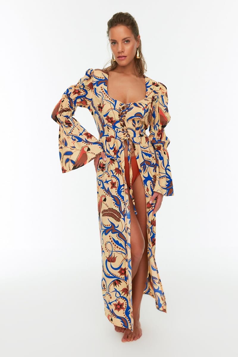 Puff Sleeve Tie Detail Printed Dress - Maxi Dresses 22