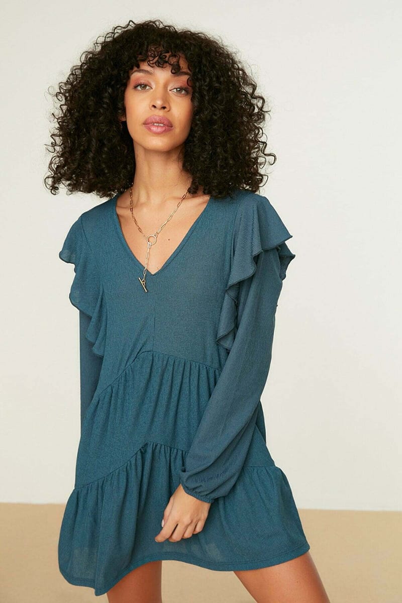Pleated V-Neck Dress - Mini Dresses
