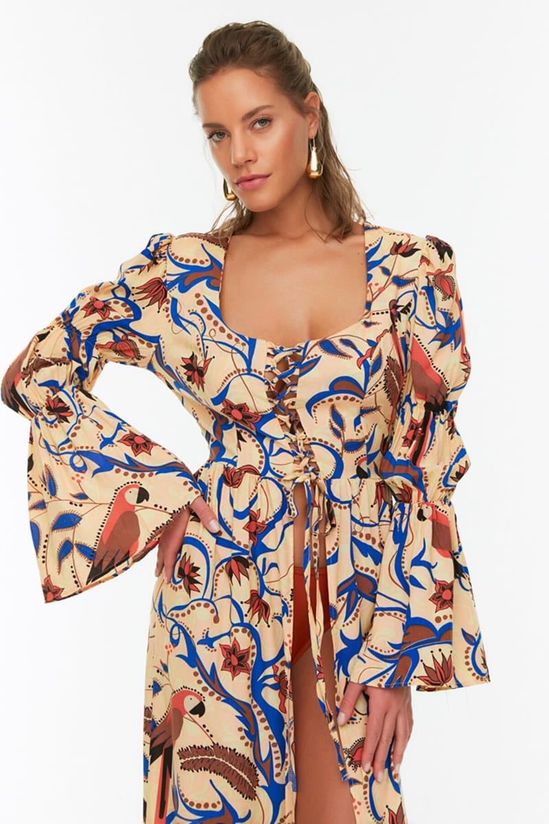 Puff Sleeve Tie Detail Printed Dress - Maxi Dresses 21
