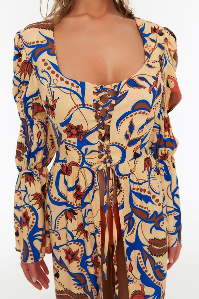 Puff Sleeve Tie Detail Printed Dress - Maxi Dresses 23