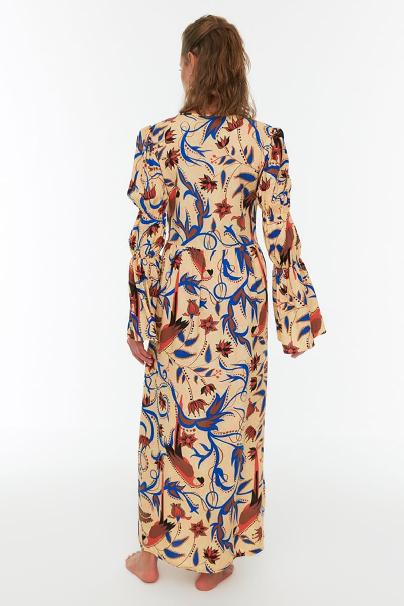 Puff Sleeve Tie Detail Printed Dress - Maxi Dresses 24