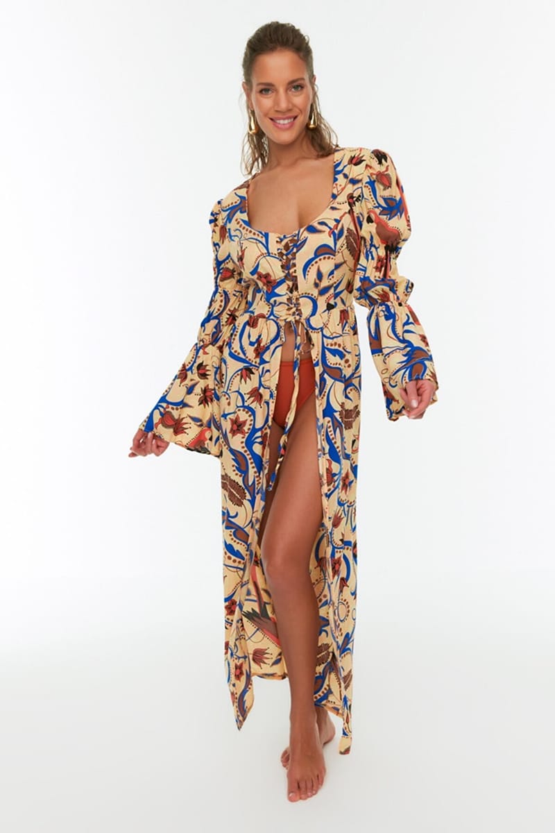 Puff Sleeve Tie Detail Printed Dress - Maxi Dresses 20