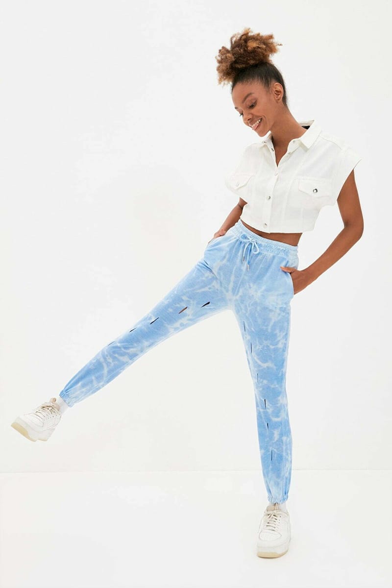 Blue Cropped High Waist Women's Trouser - Leggings & Bottoms 42