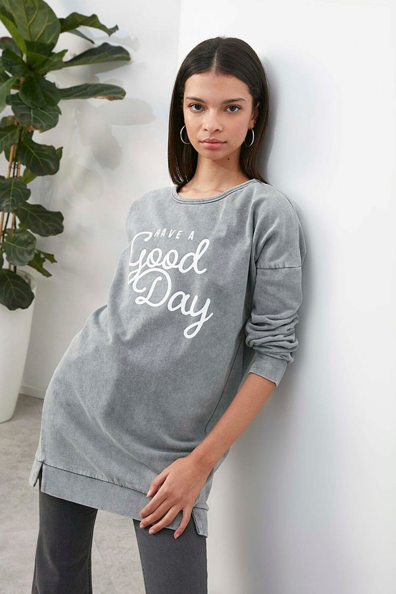 Grey Front Print Crew Neck Grey Graphic Women's Sweatshirt - Sweatshirts 16