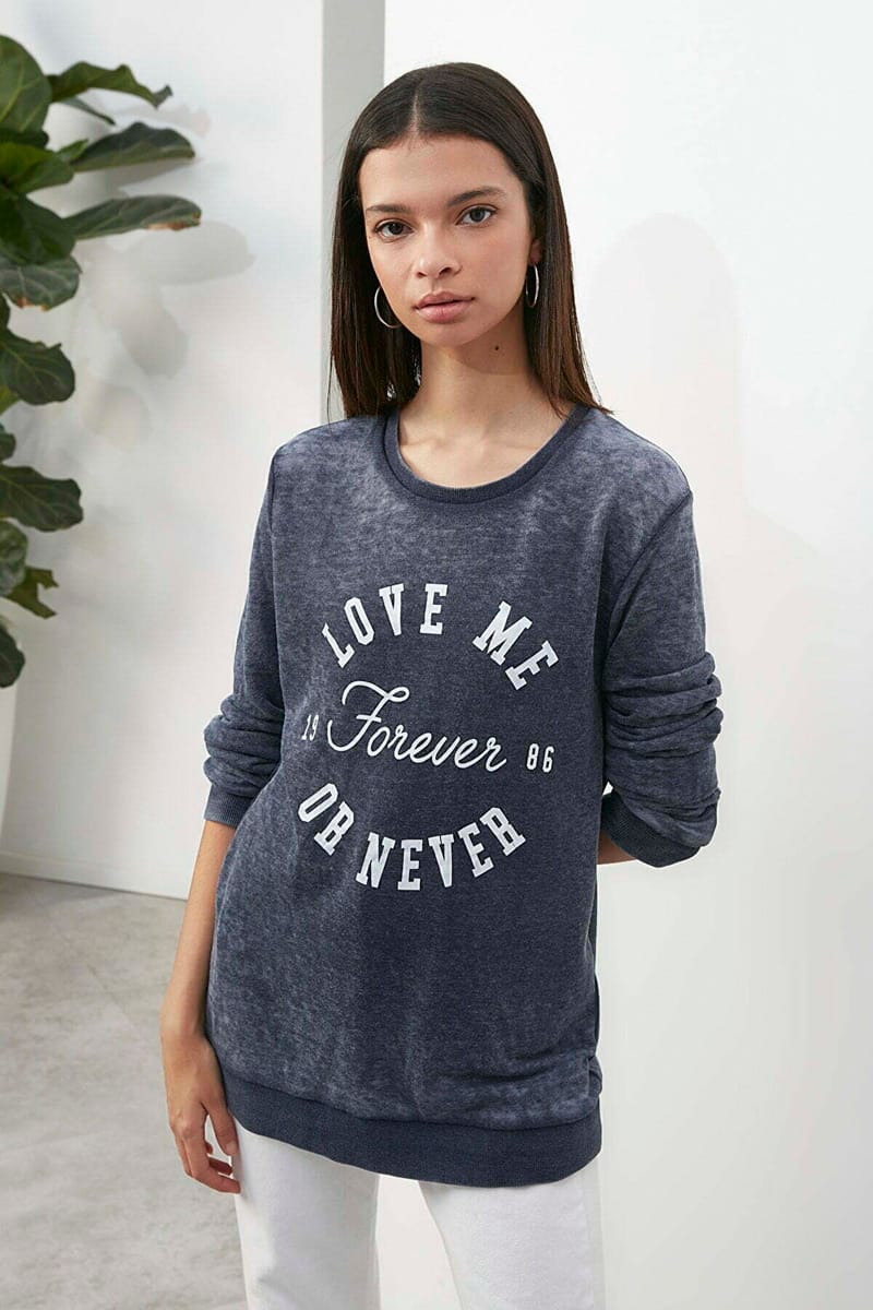 Navy Front Print Crew Neck Graphic Women's Sweatshirt - Sweatshirts 16