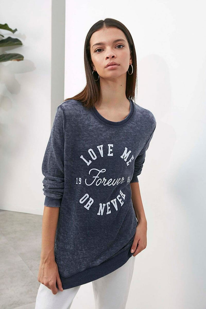 Navy Front Print Crew Neck Graphic Women's Sweatshirt - Sweatshirts 17