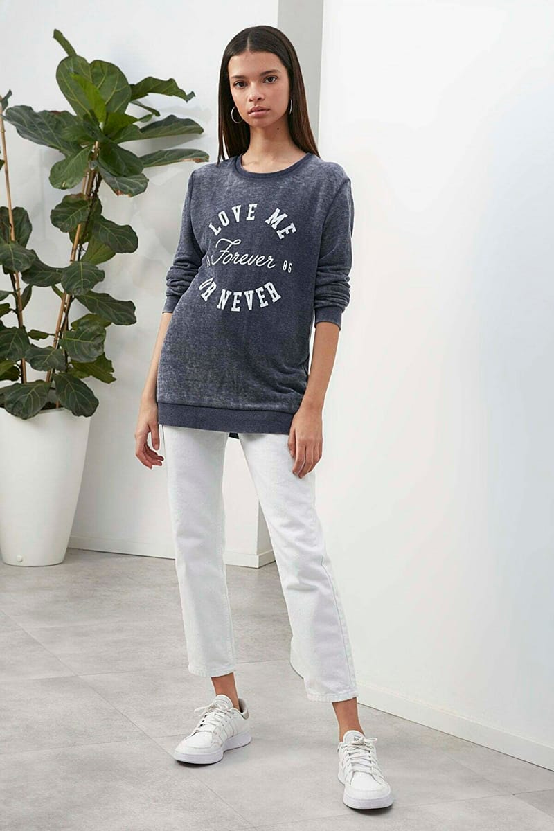 Navy Front Print Crew Neck Graphic Women's Sweatshirt - Sweatshirts 15