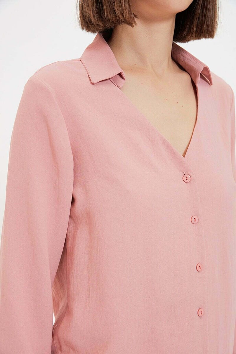 Button Down Rose V Neck Long Sleeve Women's Shirt Trendyol - Women's Shirts & Blouses 39