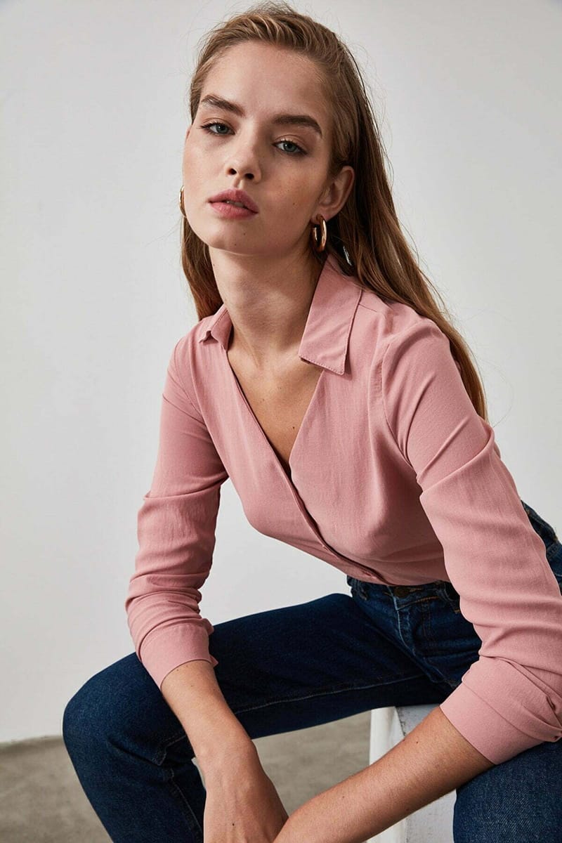 Button Down Rose V Neck Long Sleeve Women's Shirt Trendyol - Women's Shirts & Blouses 42