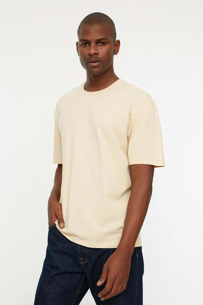 Back Print Crew Neck Beige Men's T-Shirts - Short Sleeve T-Shirt 21