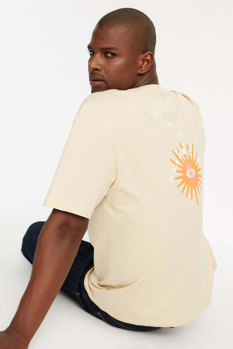Back Print Crew Neck Beige Men's T-Shirts - Short Sleeve T-Shirt 24